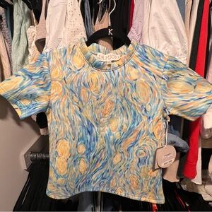 La Fuori - Women's Starry Night Print Top - Blue and Yellow